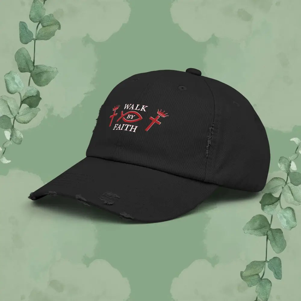 Walk by Faith – Distressed Christian Cap with Cross and Crown Design - Black / One size - Hats