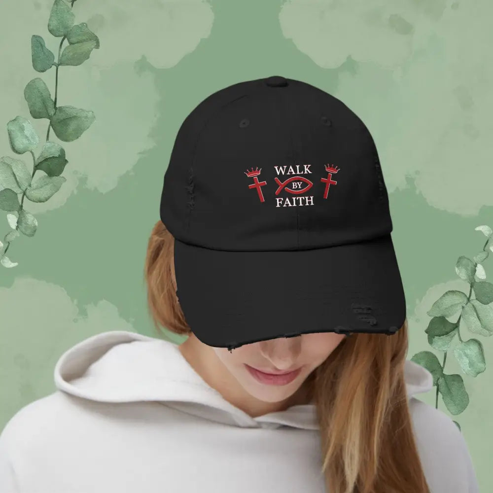 Walk by Faith – Distressed Christian Cap with Cross and Crown Design - Black / One size - Hats