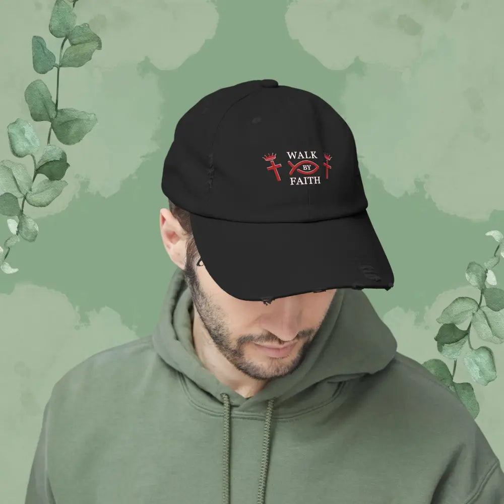 Walk by Faith – Distressed Christian Cap with Cross and Crown Design - Black / One size - Hats