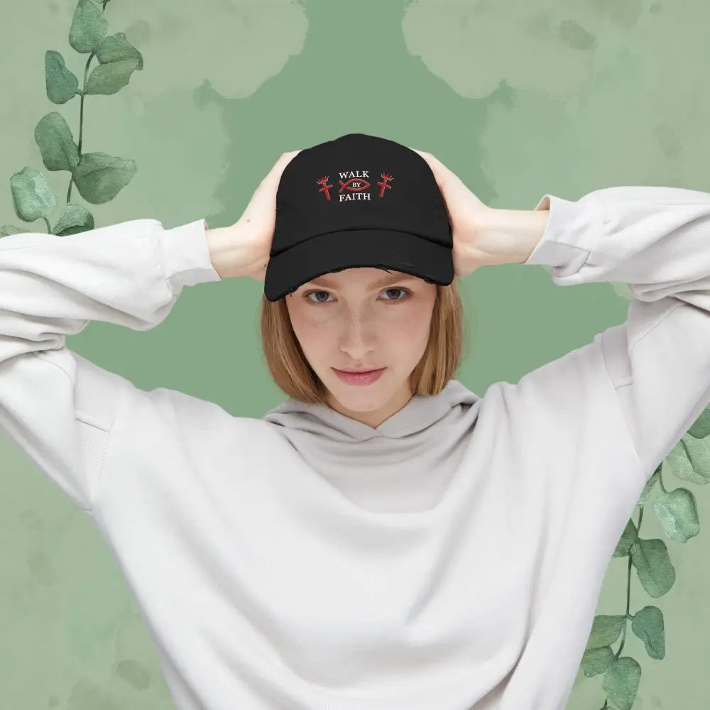 Walk by Faith – Distressed Christian Cap with Cross and Crown Design - Black / One size - Hats