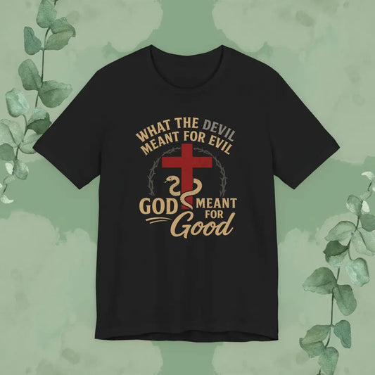 Black t-shirt with a graphic design featuring a cross and snake, text 'What the devil meant for evil God meant for good' on a green background.
