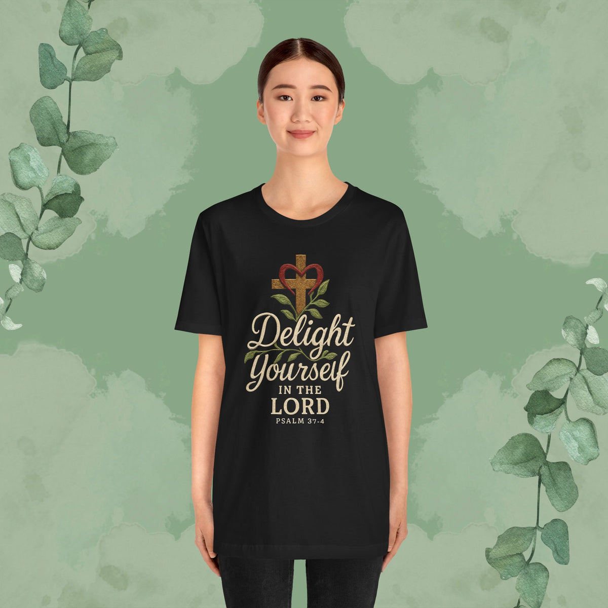 Black Christian T-shirt with Psalm 37:4 design “Delight Yourself in the Lord” 