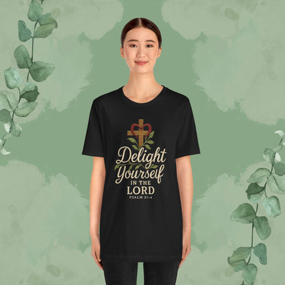 Black Christian T-shirt with Psalm 37:4 design “Delight Yourself in the Lord” 