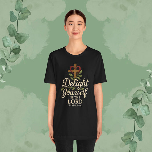Black Christian T-shirt with Psalm 37:4 design “Delight Yourself in the Lord” 