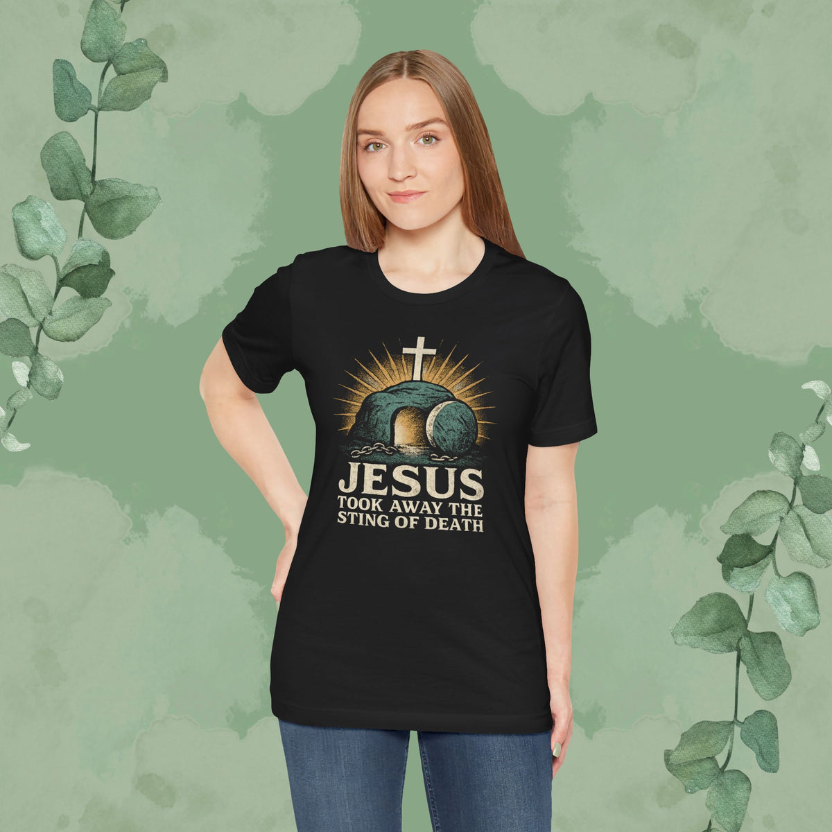 Jesus Took Away the Sting of Death Christian T-Shirt | Cross & Empty Tomb Tee