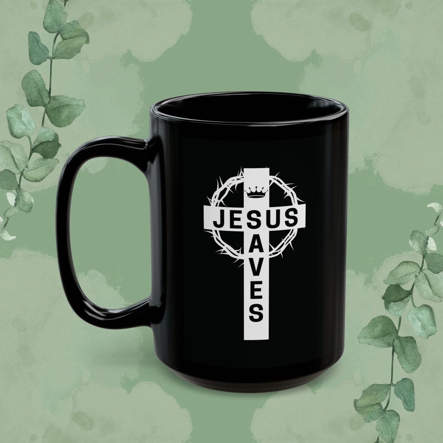 "Jesus Saves" Cross Design Black Mug