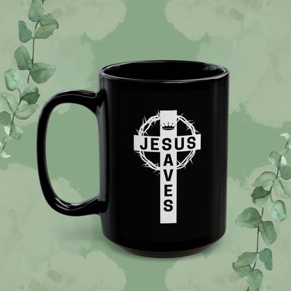 "Jesus Saves" Cross Design Black Mug