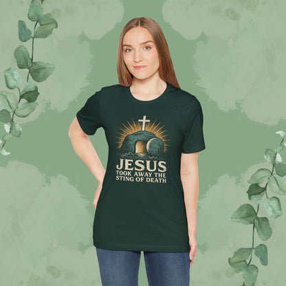 Jesus Took Away the Sting of Death Christian T-Shirt | Cross & Empty Tomb Tee