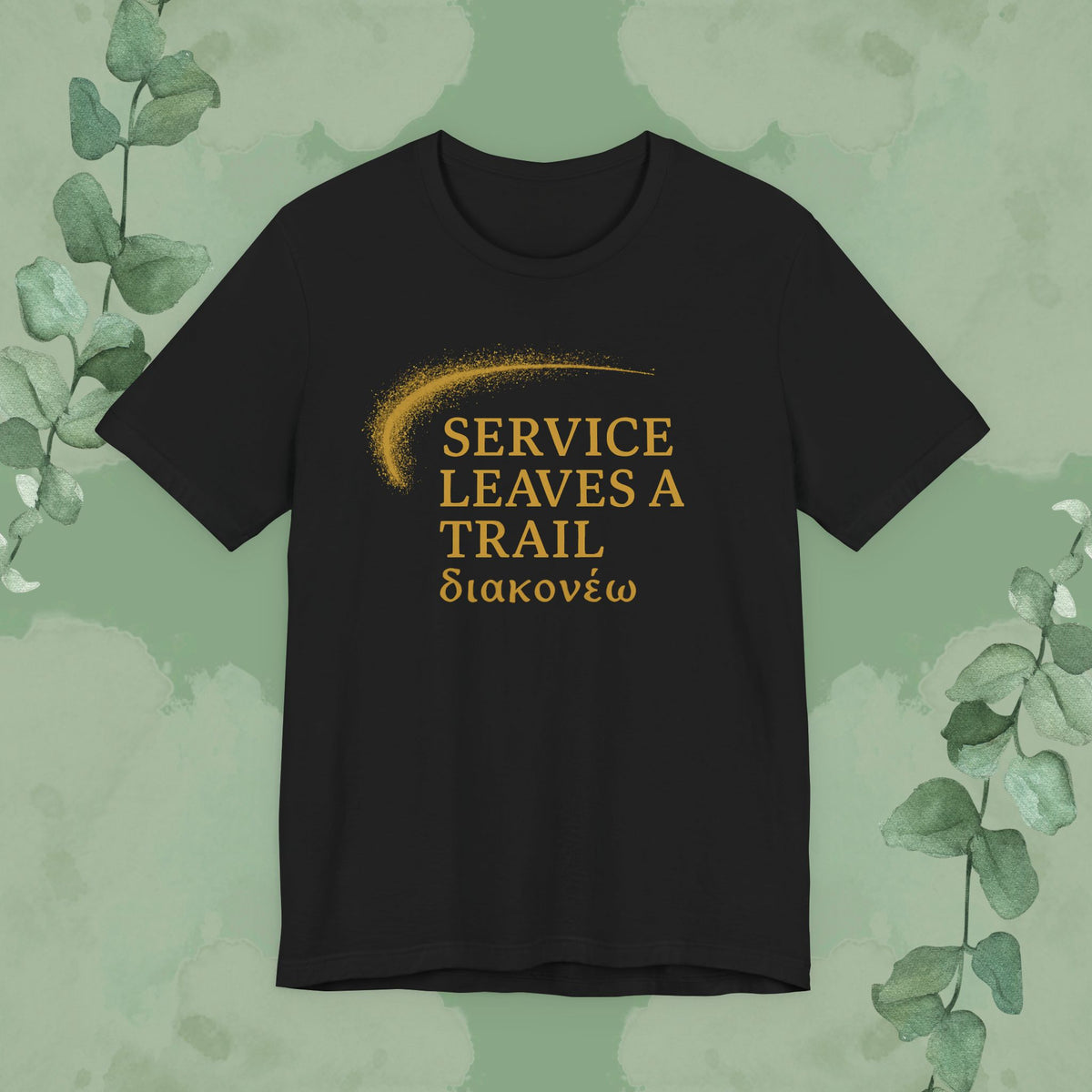 Black Christian T-shirt with gold “Service Leaves a Trail” diakoneo design