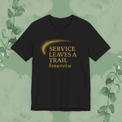 Black Christian T-shirt with gold “Service Leaves a Trail” diakoneo design