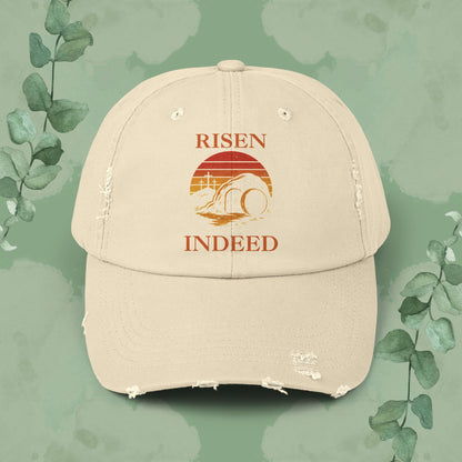 Stone Christian cap with vintage distressed “Risen Indeed” resurrection design