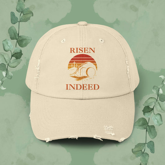 Stone Christian cap with vintage distressed “Risen Indeed” resurrection design