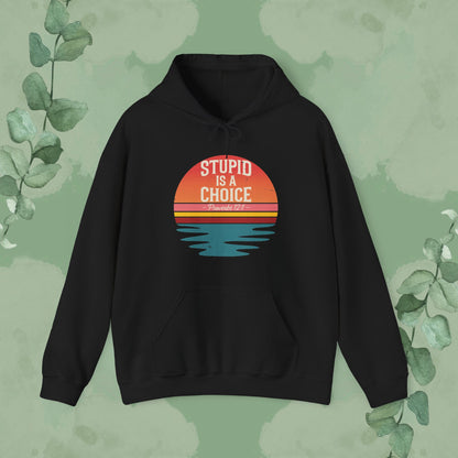 Black Christian hoodie with “Stupid Is a Choice” Proverbs 12:1 design