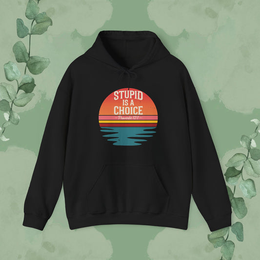 Black Christian hoodie with “Stupid Is a Choice” Proverbs 12:1 design