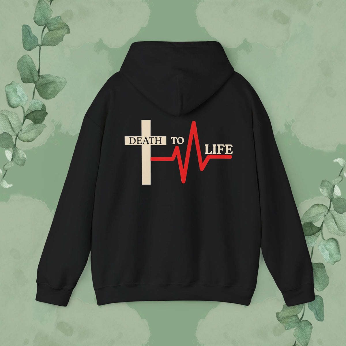 Black Christian hoodie with “Death to Life” cross design