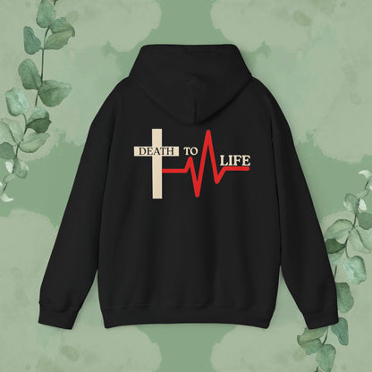 Black Christian hoodie with “Death to Life” cross design
