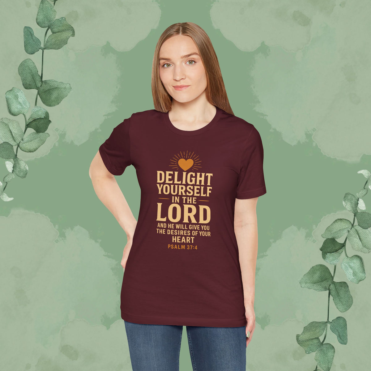Maroon Christian T-shirt with “Delight Yourself in the Lord” Psalm 37:4 design