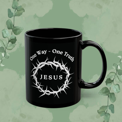 Christian mug with “One Way – One Truth – Jesus” crown of thorns design