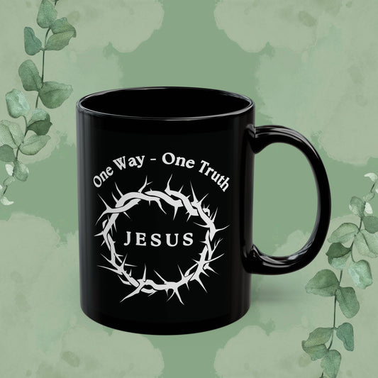 Christian mug with “One Way – One Truth – Jesus” crown of thorns design