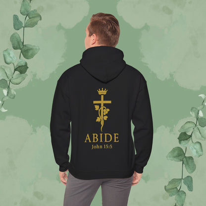 Black Christian hoodie with “Abide” John 15:5 vine and cross design