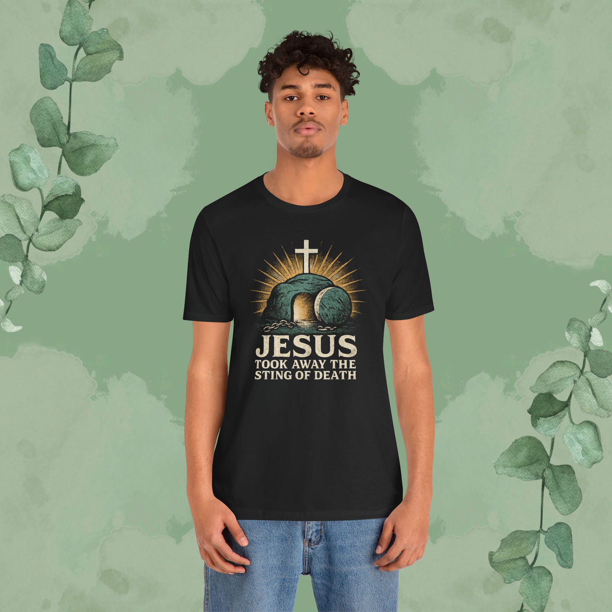 Jesus Took Away the Sting of Death Christian T-Shirt | Cross & Empty Tomb Tee