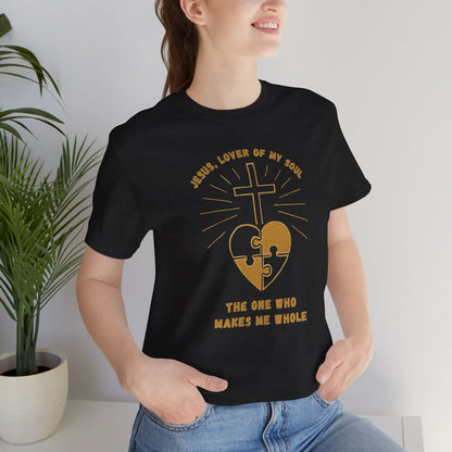 Black Christian T-shirt with “Jesus, The One Who Makes Me Whole” faith design