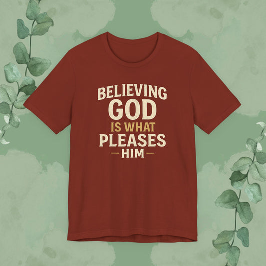 Rust Christian T-shirt with “Believing God Is What Pleases Him” faith design