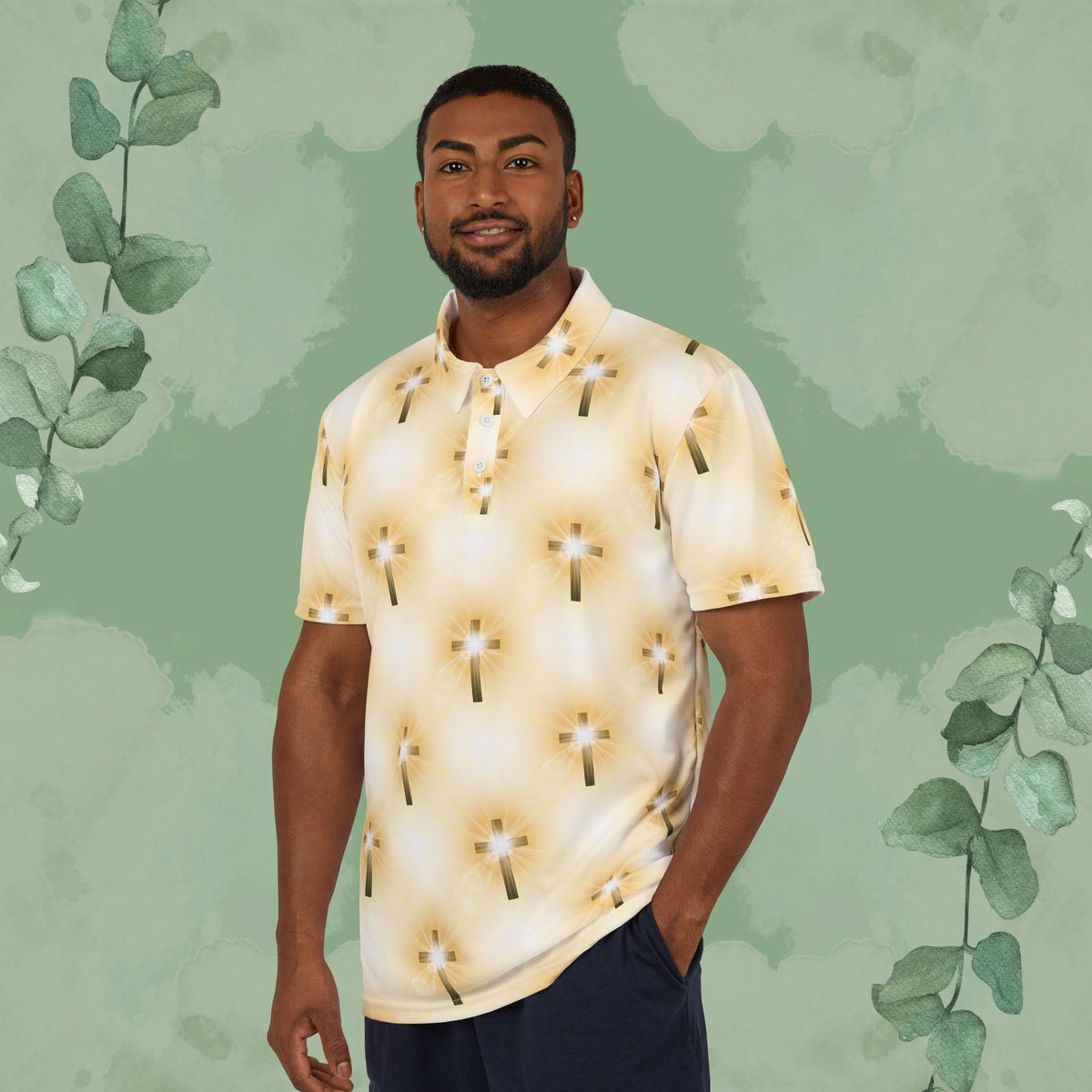 Christian all-over print polo shirt with radiant glorious cross pattern