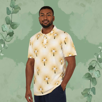 Christian all-over print polo shirt with radiant glorious cross pattern