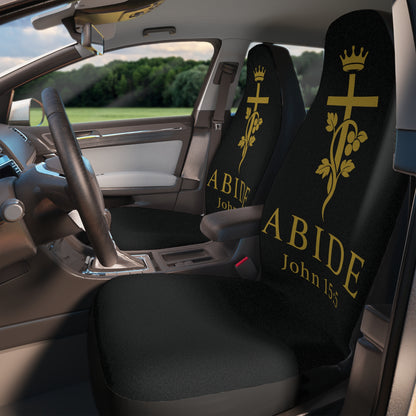 Black Christian car seat covers with “Abide” John 15:5 vine and cross design