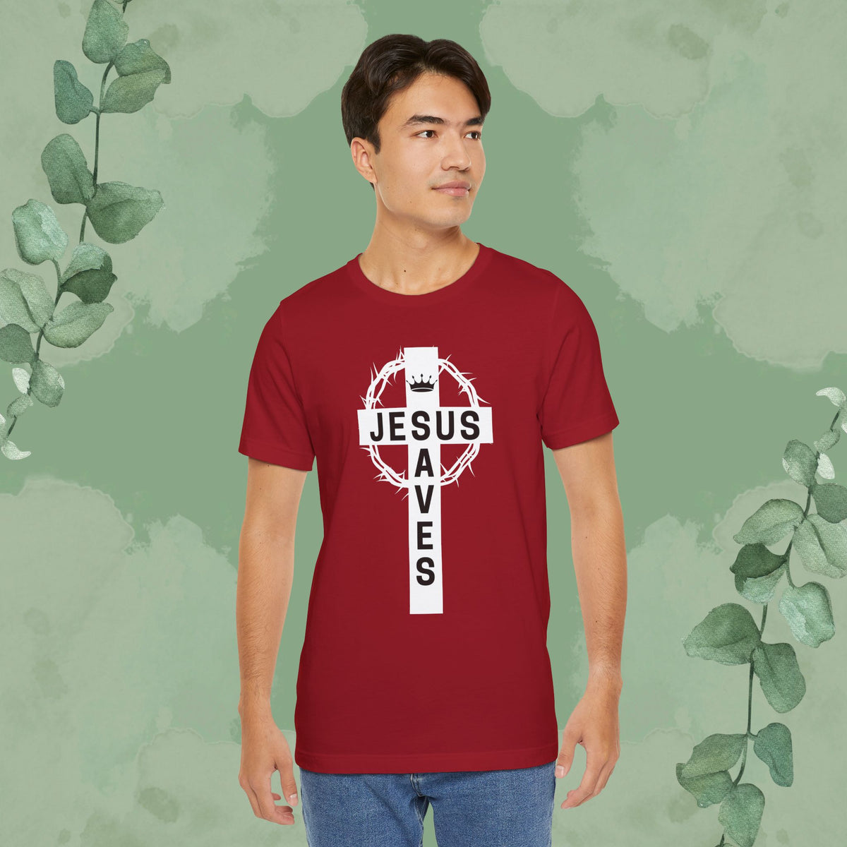 “Jesus Saves” Cross & Crown T-Shirt – Christian Message of Sacrifice and Victory