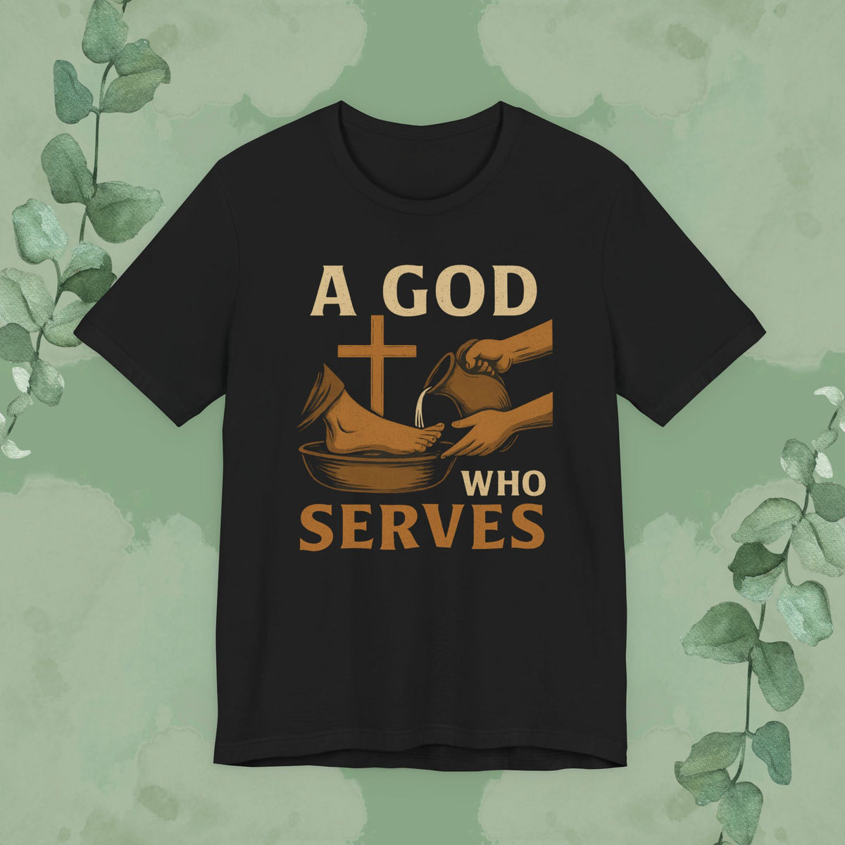 Black Christian T-shirt with “A God Who Serves” faith design