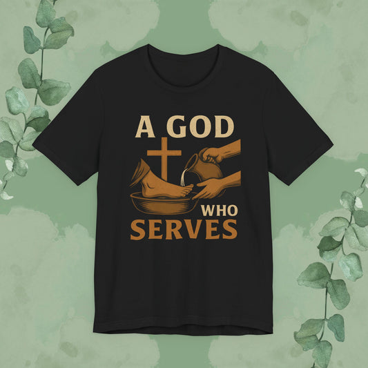 Black Christian T-shirt with “A God Who Serves” faith design