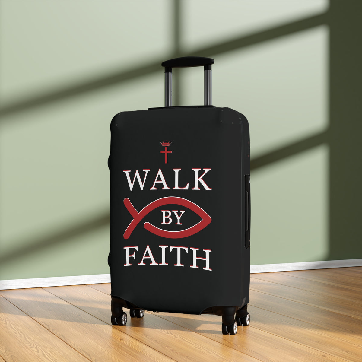 Black Christian luggage cover with “Walk By Faith” faith design