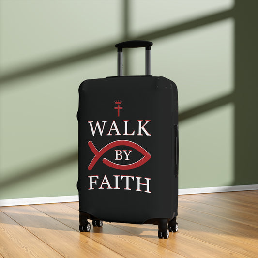 Black Christian luggage cover with “Walk By Faith” faith design