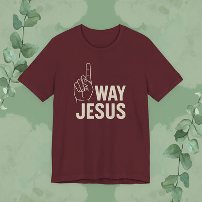 Christian T-shirt with “One Way, Jesus” faith design Maroon
