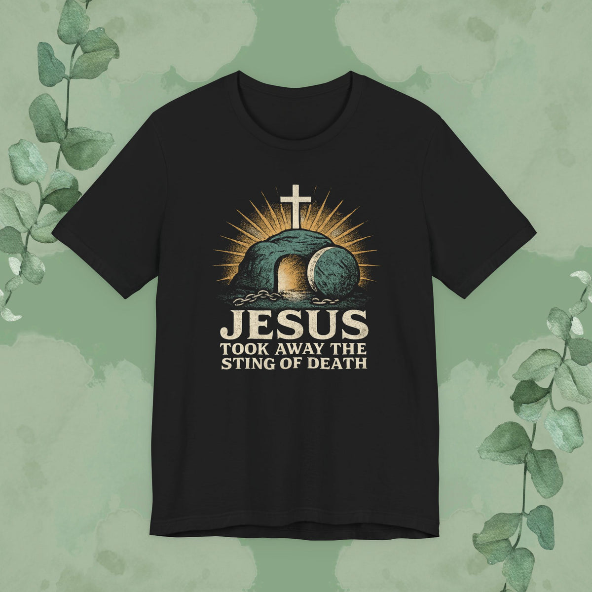 Black Christian T-shirt with “Jesus Took Away the Sting of Death” design