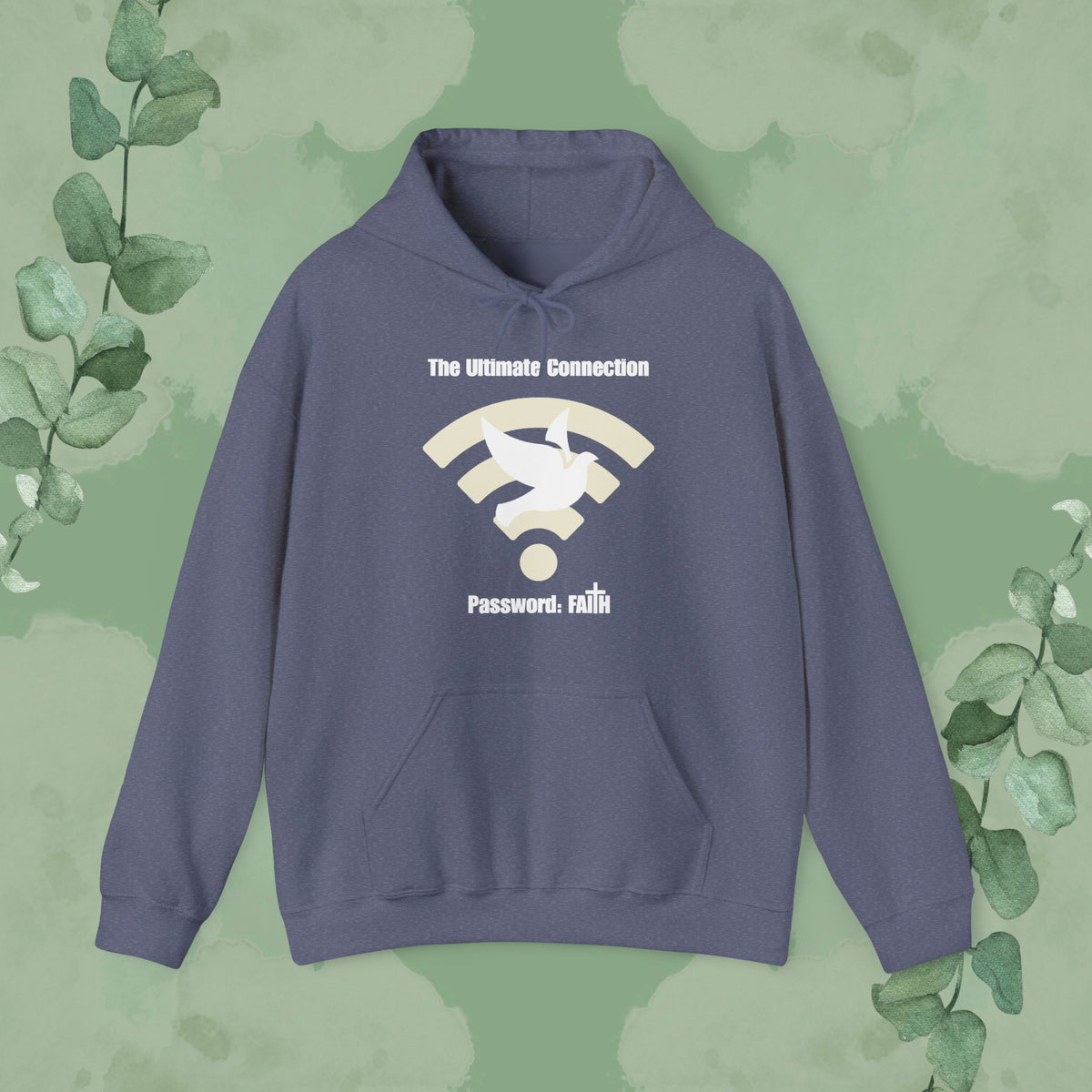 Heather Navy Christian hoodie with “The Ultimate Connection – Password: FAITH” design