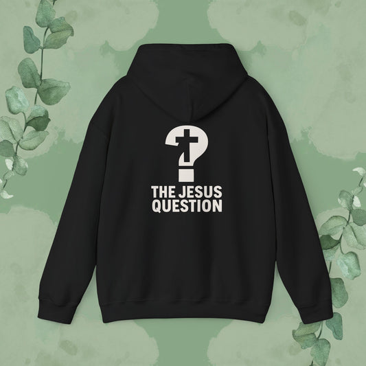Black Christian hoodie with “The Jesus Question” cross and question mark design