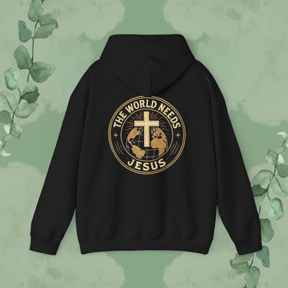 Black Christian hoodie with “The World Needs Jesus” design