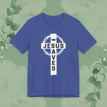 “Jesus Saves” Cross & Crown T-Shirt – Christian Message of Sacrifice and Victory