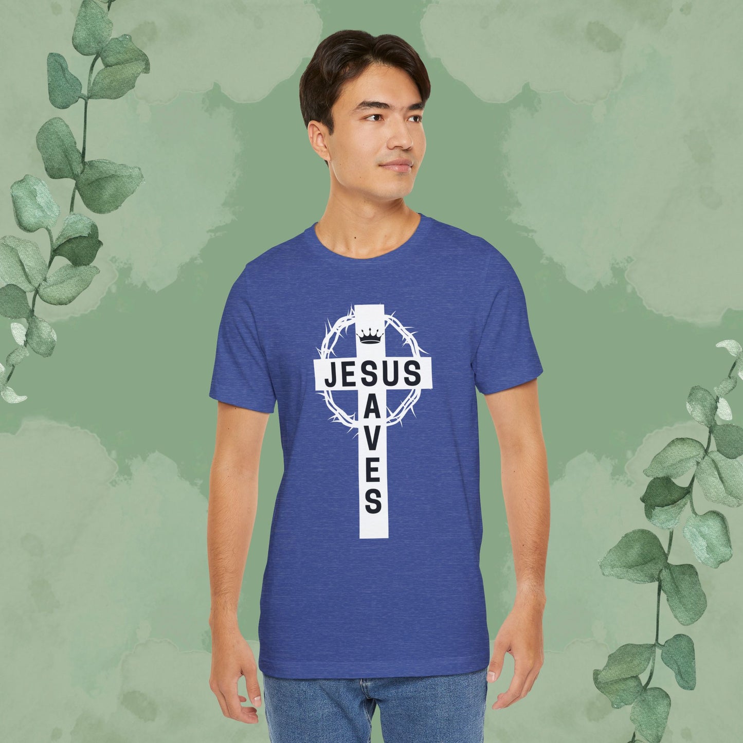 “Jesus Saves” Cross & Crown T-Shirt – Christian Message of Sacrifice and Victory