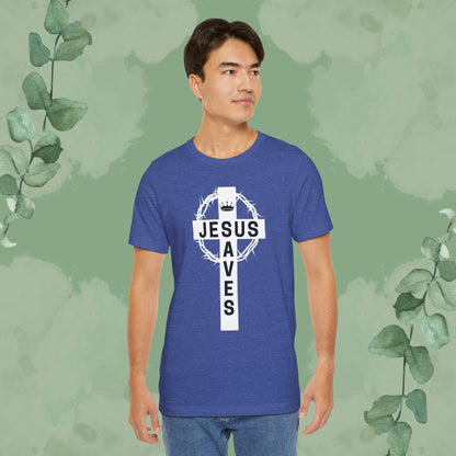 “Jesus Saves” Cross & Crown T-Shirt – Christian Message of Sacrifice and Victory