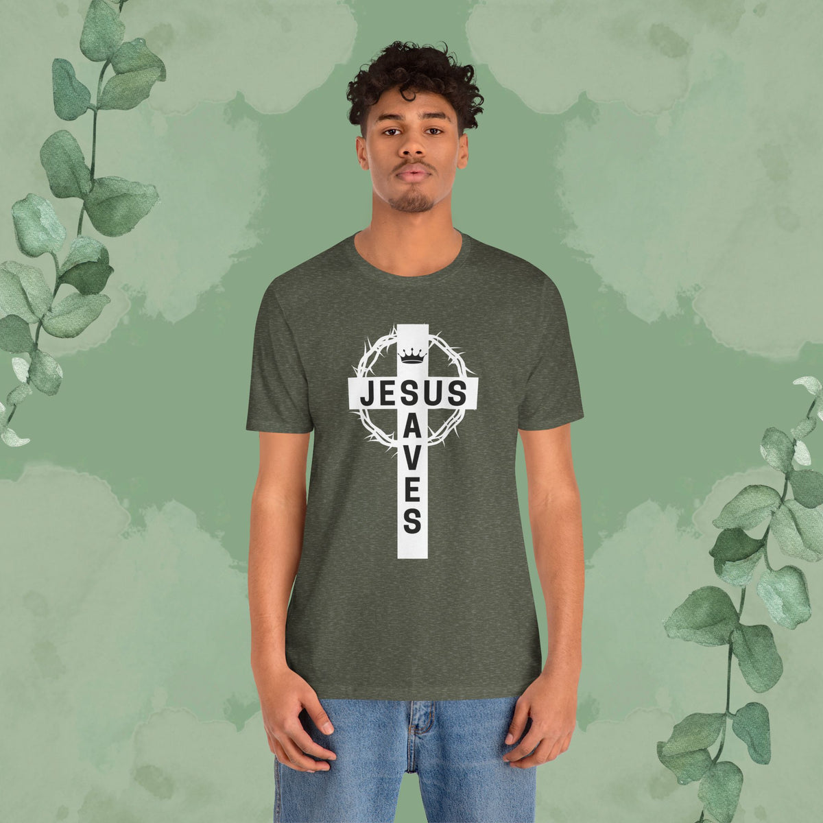 “Jesus Saves” Cross & Crown T-Shirt – Christian Message of Sacrifice and Victory