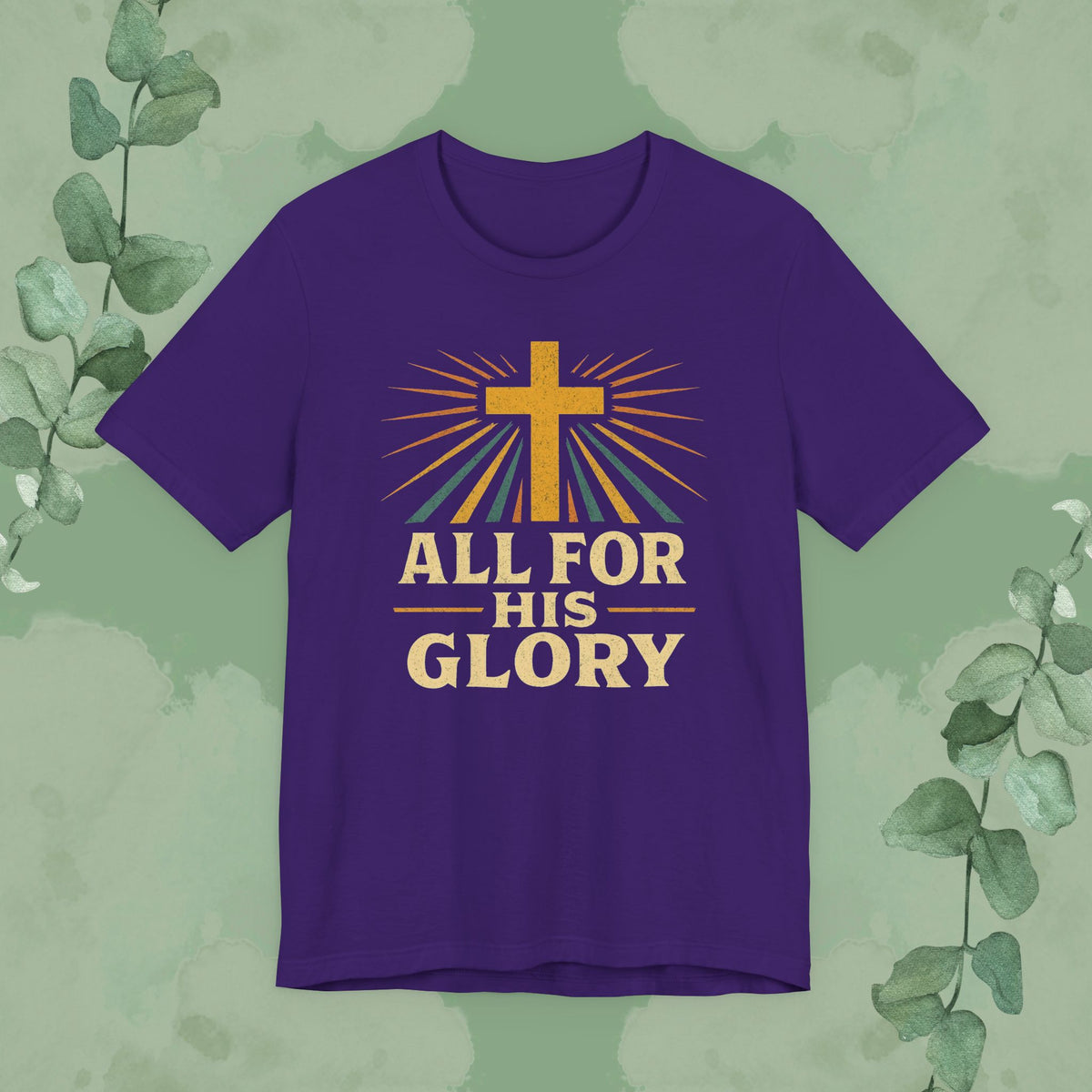 Purple Christian T-shirt with “All For His Glory” faith design
