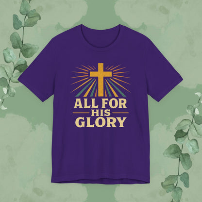 Purple Christian T-shirt with “All For His Glory” faith design