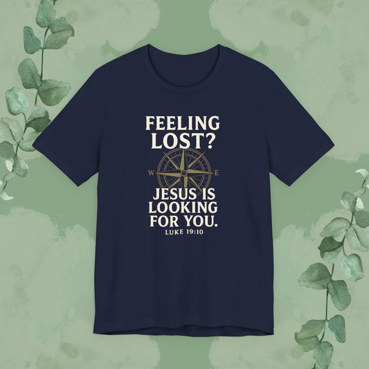 Navy Christian T-shirt with “Feeling Lost? Jesus Is Looking for You” Luke 19:10 design