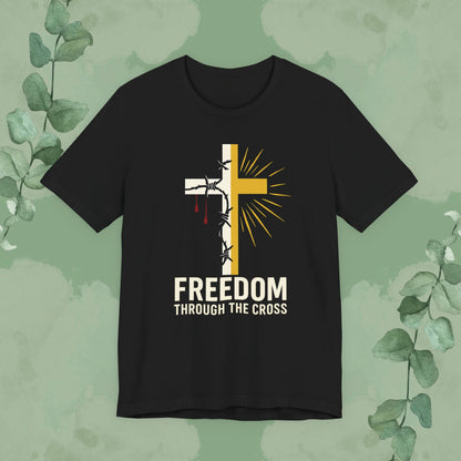 Black Christian T-shirt with “Freedom Through the Cross” design
