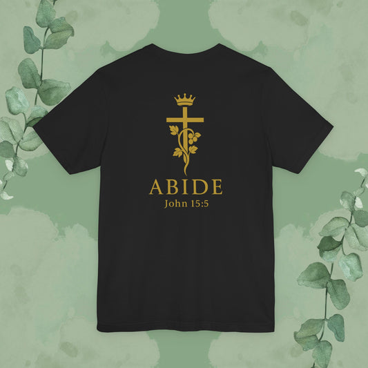 Black Back Christian T-shirt with “Abide” John 15:5 faith design