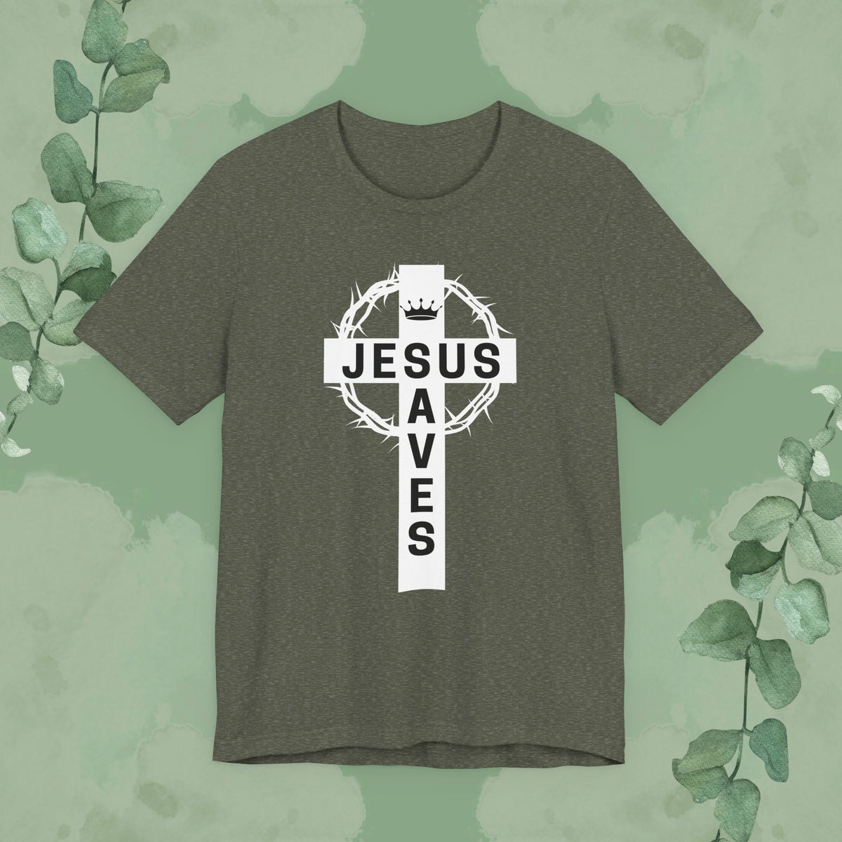 “Jesus Saves” Cross & Crown T-Shirt – Christian Message of Sacrifice and Victory